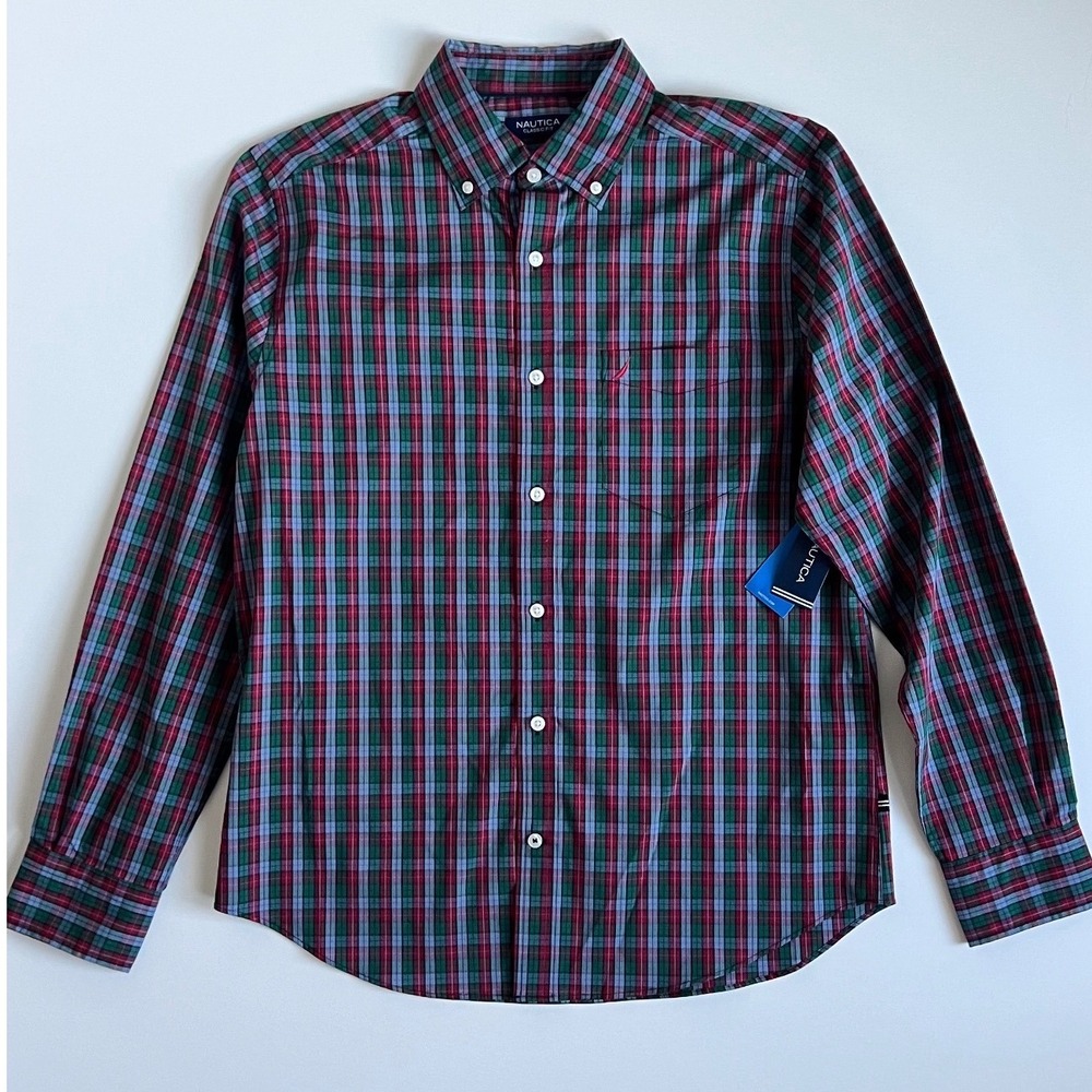 Nautica Mens Classic Fit Plaid Button Down Shirt Rio Red Green Blue W57130 M
